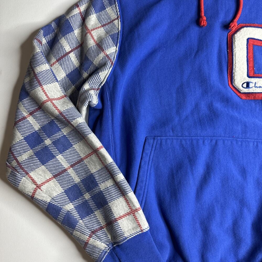 Vintage Champion Mens Small Reverse Weave Pullover Hoodie Pocket Blue Plaid - Picture 5 of 12